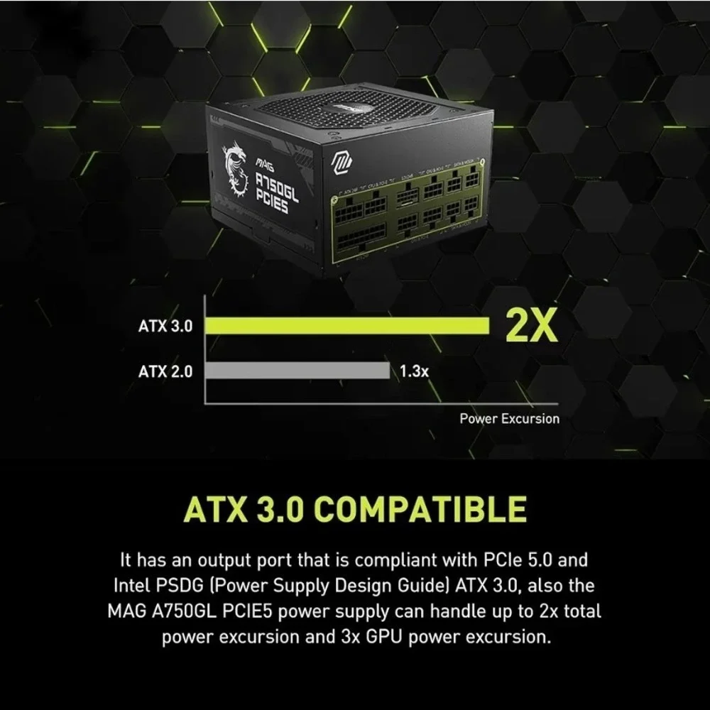 New MAG A750GL PCIE5 Compact Gaming PSU, 750 Watt Power Supply